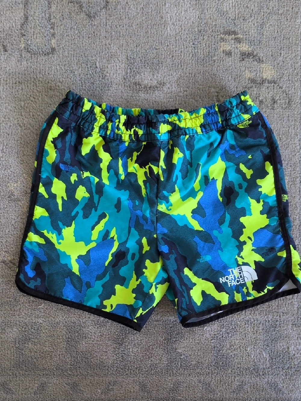 The North Face Blue and Neon Green Camo Athletic Shorts